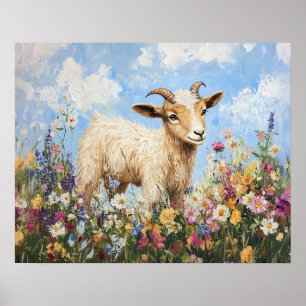 Niedliche Ziege, umgeben von Wildblumen Poster