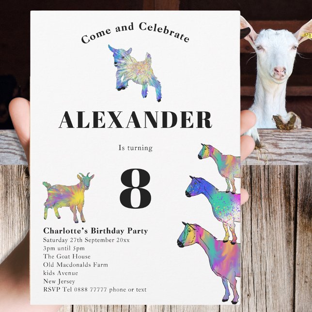Niedliche Ziegen farbenfrohe Landtiere 8. Geburtst Einladung (Cute goats colorful farm animal watercolor art 8th birthday party invitation)