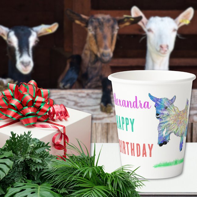 Niedliche Ziegenfarm Tierbezeichnung Geburtstagspa Pappbecher (Cute goat jumping colorful farm animal art personalized birthday party paper cup)