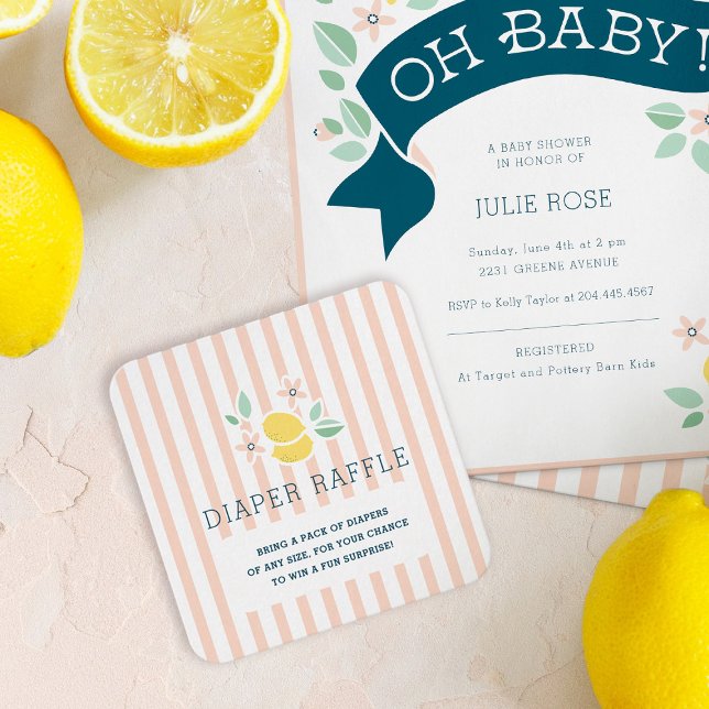 Niedliche Zitronen rosa Streifen botanische Windel Begleitkarte (Cute Lemon Yellow Botanical Bold Baby Shower Pink Stripes enclosure card)