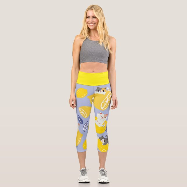 Niedliche Zitronen und Katzen Capri Leggings (Vorderseite)
