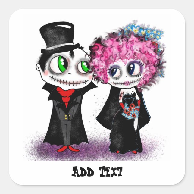 Niedliche Zombie Braut und Bräutigam Cartoon GOTH  Quadratischer Aufkleber (Vorderseite)