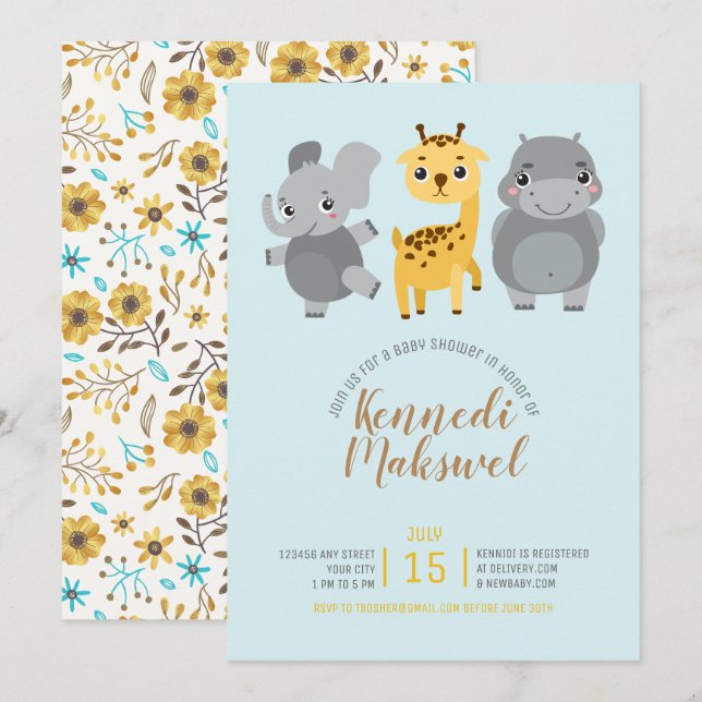 Niedliche Zoo Animals Kinderdusche Einladung (Vorne/Hinten)