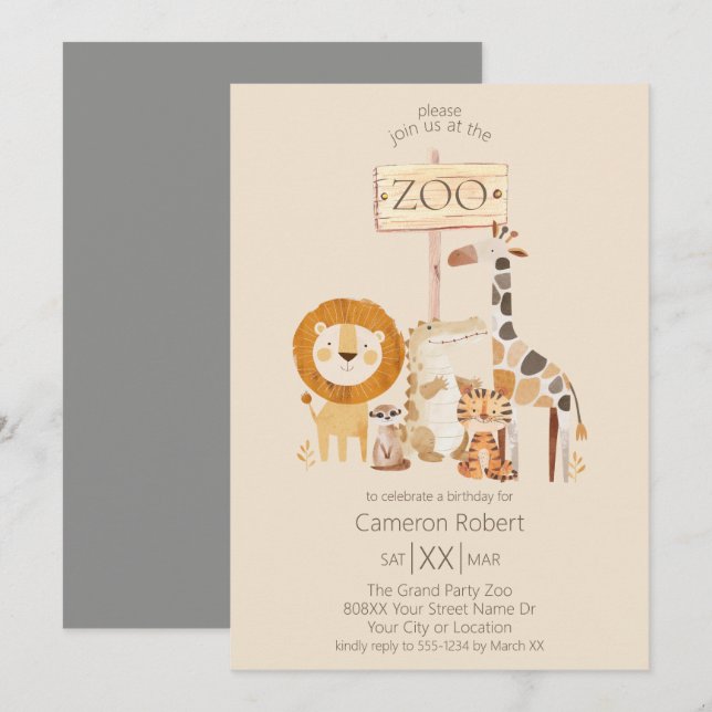 Niedliche Zootiere auf Beige Einladung (Vorne/Hinten)