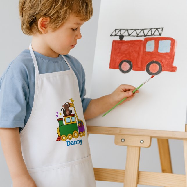 Niedliche Zootiere und Spielzeugzug Kinderschürze (Personalize Boys apron with name or other text.  This Apron features a choo choo train)