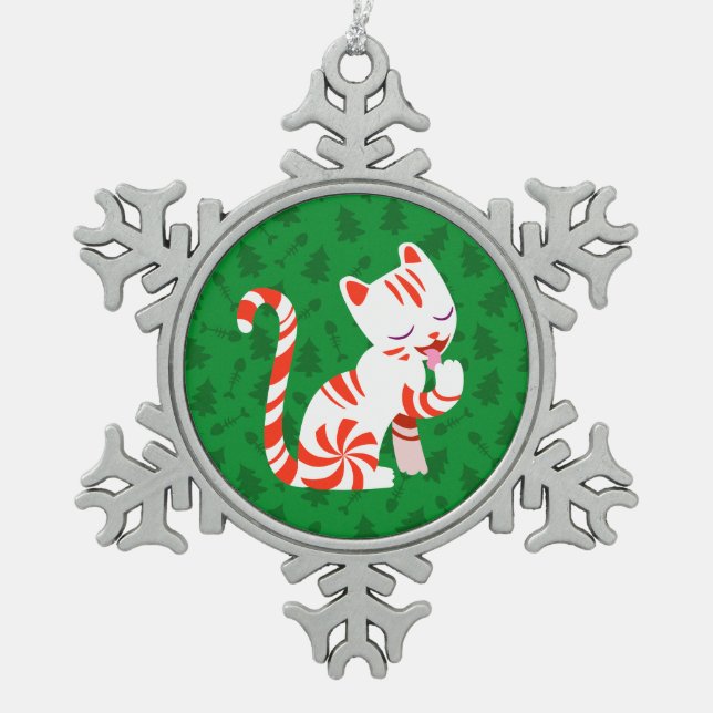Niedliche Zuckerstange-Katze Schneeflocken Zinn-Ornament (Vorderseite)