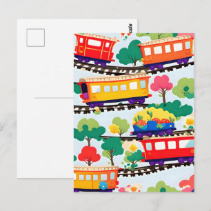 Niedliche Züge und Baummuster blau Postkarte