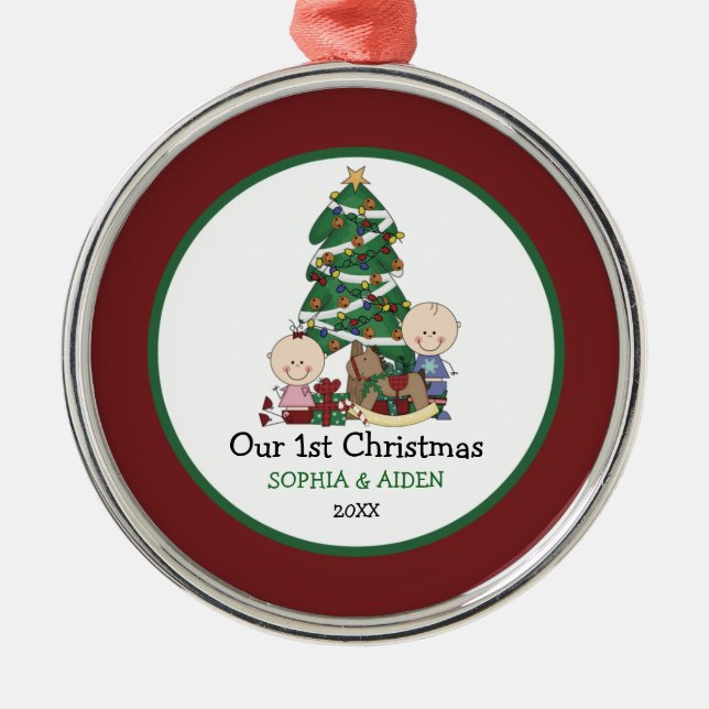 Niedliche Zwillings-1. Weihnachten personalisiert Ornament Aus Metall (Vorne)