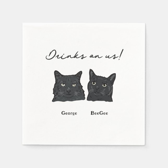 Niedlichen 2 Black Cats Drinks auf unserer Hochzei Serviette (Vorderseite)