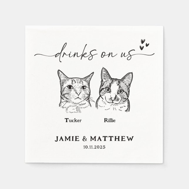 Niedlichen 2 Katzen Sketch Drinks auf unserer Cock Serviette (Vorderseite)