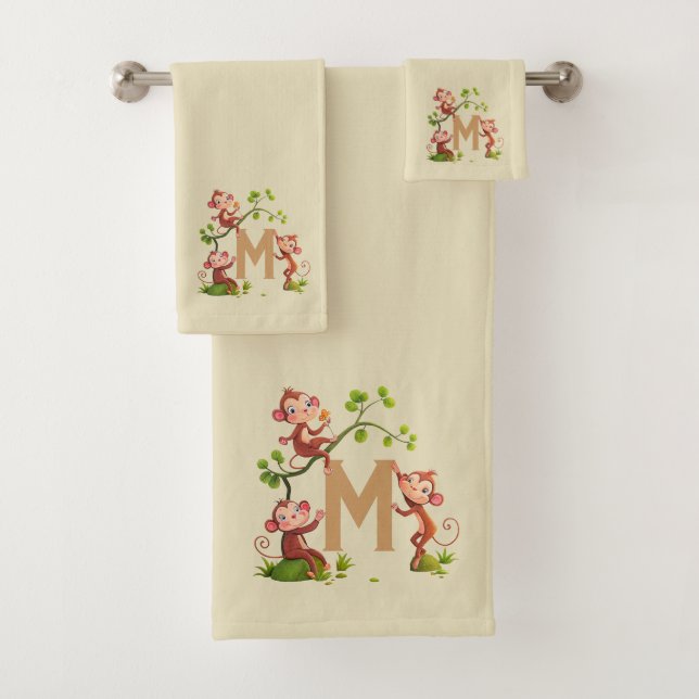 Niedlichen drei Affen und goldenes Monogramm auf B Badhandtuch Set (Insitu)