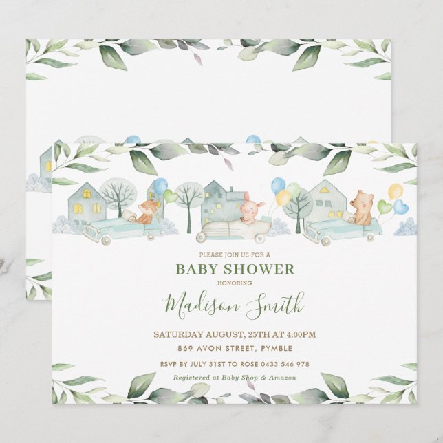 Niedlichen Tiere Cars Greenery Kinderdusche Boy Einladung (Vorne/Hinten)