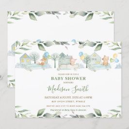 Niedlichen Tiere Cars Greenery Kinderdusche Boy Einladung