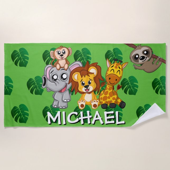 Niedlichen Tiere Safari Green Cartoon Dschungel Strandtuch (Vorderseite)
