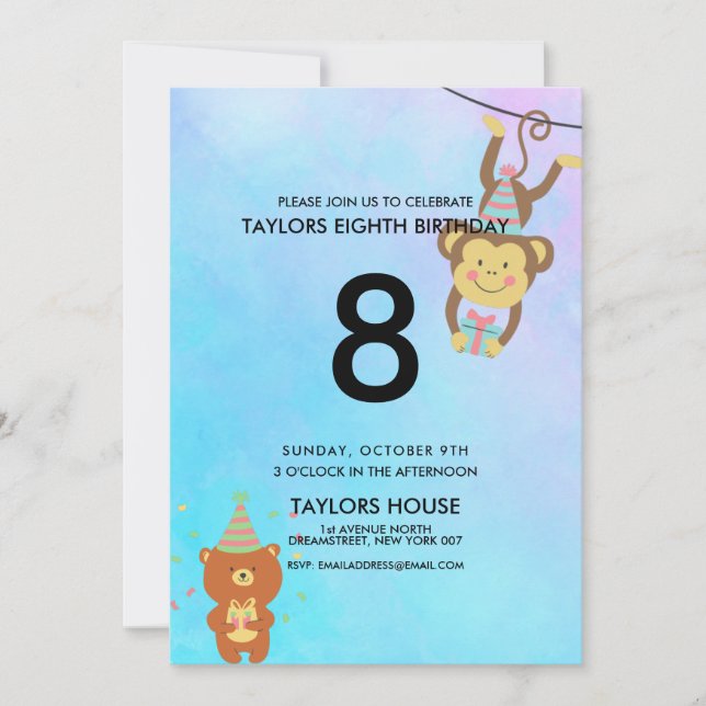 Niedlichen Tiere Watercolor Custom Birthday Party Einladung (Vorderseite)