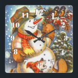 Niedlichen Vintagen Frostig Schneemann Weihnachten Quadratische Wanduhr<br><div class="desc">Niedlichen Vintagen Frostig der Schneemann,  mit Freunden. Schönes Weihnachtsuhrdesign.</div>
