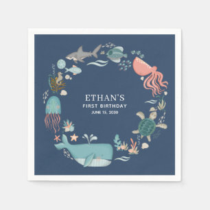 Niedlicher 1. Baby Boy Blue Watercolor unter Wasse Serviette