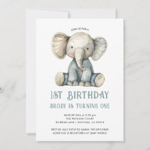 Niedlicher 1. Geburtstag Blue Stuffed Elephant Toy Einladung