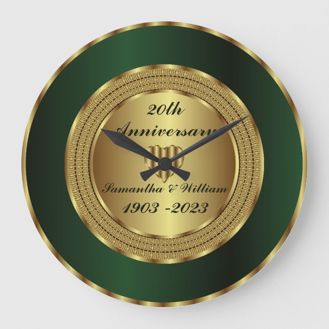 Niedlicher 20. Smaragdgrün und goldenes Hochzeitst Große Wanduhr (Vorderseite)