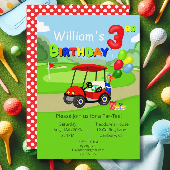 Niedlicher 3. Geburtstag Red Golf Cart Boy's Einladung (Von Creator hochgeladen)