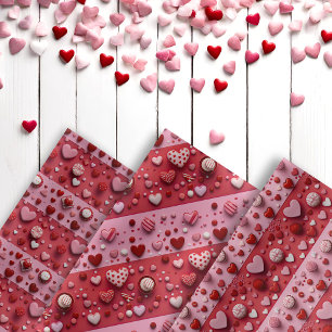 Niedlicher 3D Red Pink Hearts Candy Valentinstag Geschenkpapier Set