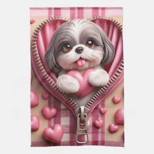 Niedlicher 3D-Shih-Tzu im rosa und weißen Hintergr Geschirrtuch