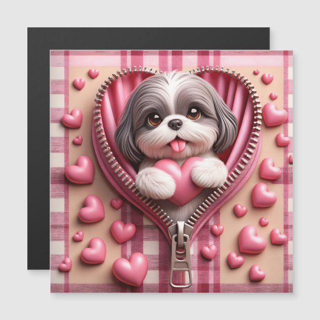 Niedlicher 3D-Shih-Tzu im rosa und weißen Hintergr Magnetkarte (Vorne/Hinten)