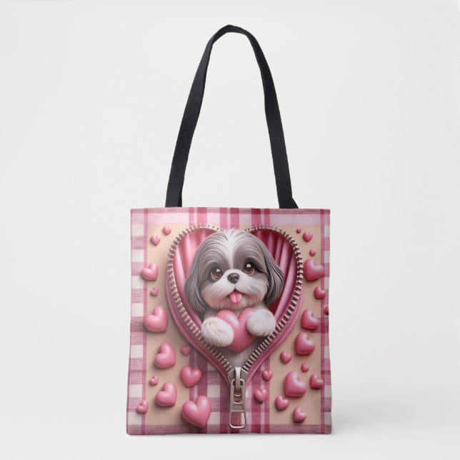 Niedlicher 3D-Shih-Tzu im rosa und weißen Hintergr Tasche (Vorderseite)