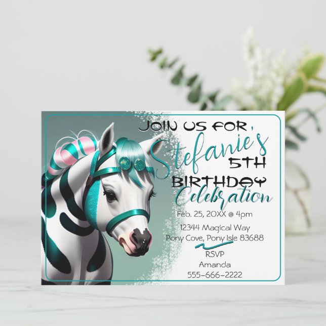 Niedlicher 3D-Spirit Pony 7 Geburtstag Einladung (Stehend Vorderseite)