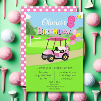 Niedlicher 8. Geburtstag Polka Dot Pink Girly Golf Einladung