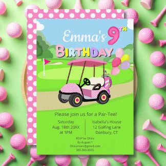 Niedlicher 9. Geburtstag Polka Dot Pink Girly Golf Einladung