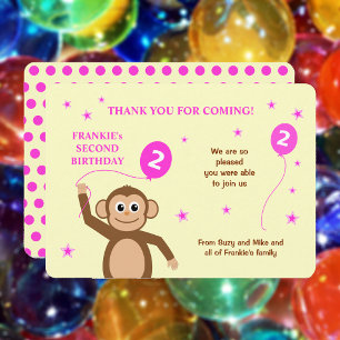 Niedlicher Affe 2. Geburtstag Party Rosa Dankeschö Einladung