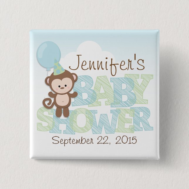 Niedlicher Affe; Blue & Green Baby Dusche Button (Vorderseite)