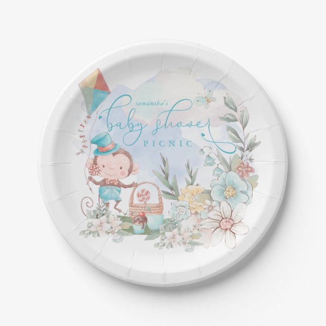 Niedlicher Affe Blumenjungen Floral Baby Dusche Pi Pappteller (Vorderseite)