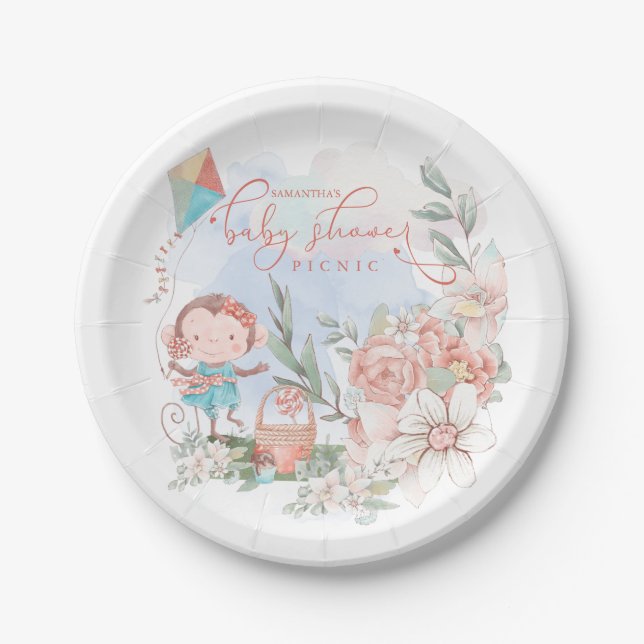 Niedlicher Affe Florals Girl Baby Dusche Picnic Pappteller (Vorderseite)
