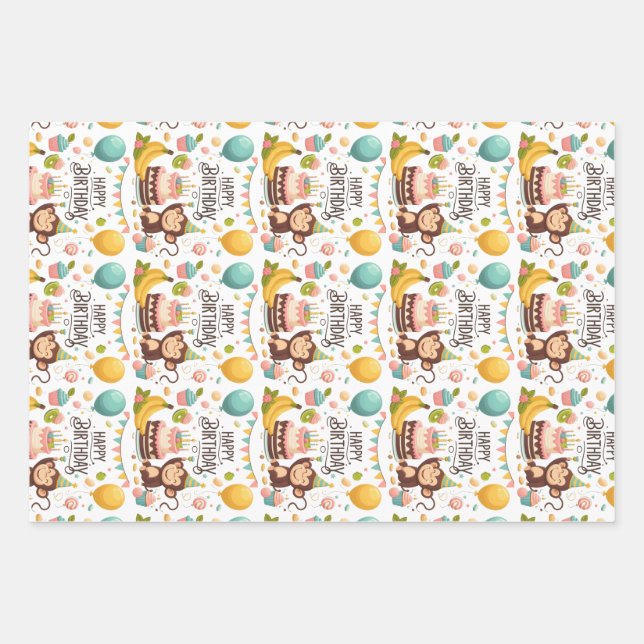 Niedlicher Affe Happy Birthday Party Cake Geschenkpapier Set (Vorderseite)