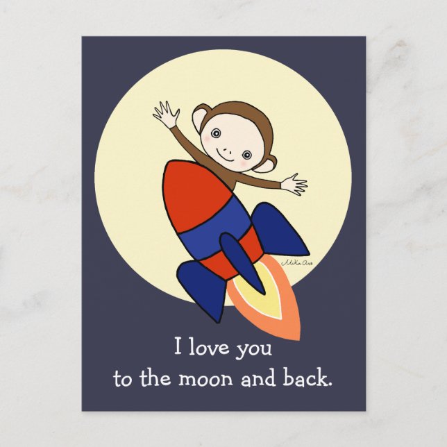 Niedlicher Affe I Liebe Postcard Monkey auf Rocket Postkarte (Vorderseite)
