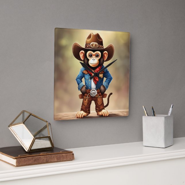 Niedlicher Affe in einem Cowboykostüm Quadratische Wanduhr (Büro)