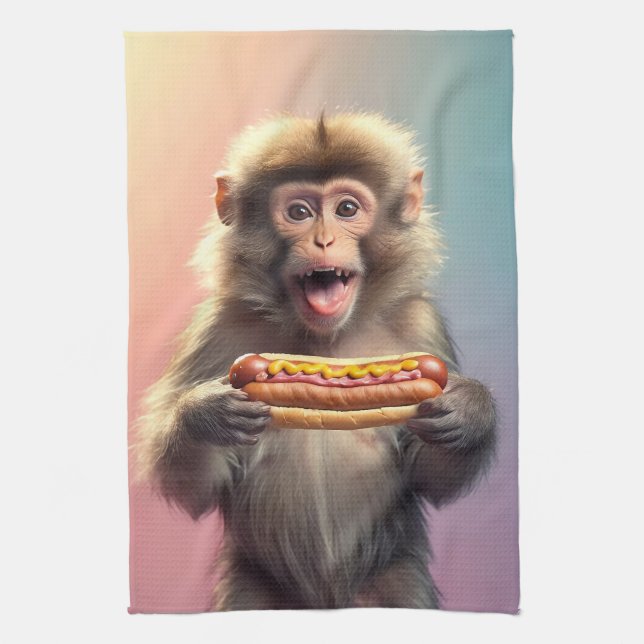 Niedlicher Affe mit Hotdog Geschirrtuch (Vertikal)
