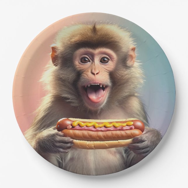 Niedlicher Affe mit Hotdog Pappteller (Vorderseite)