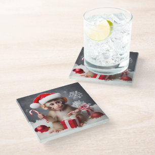 Niedlicher Affe mit Weihnachtsmannmütze Glasuntersetzer