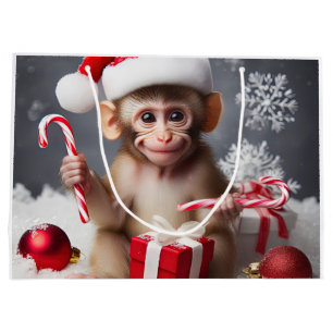 Niedlicher Affe mit Weihnachtsmannmütze Große Geschenktüte