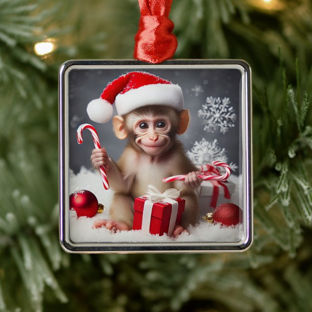 Niedlicher Affe mit Weihnachtsmannmütze Ornament Aus Metall (Baum)