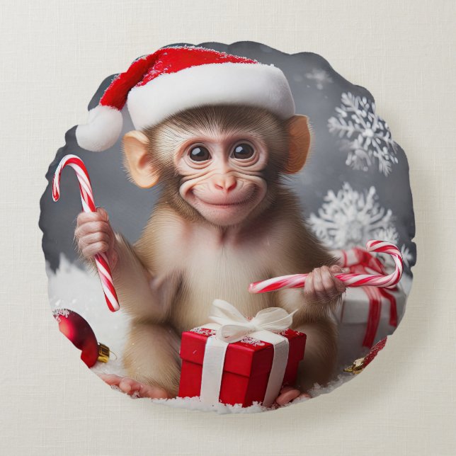 Niedlicher Affe mit Weihnachtsmannmütze Rundes Kissen (Vorderseite)