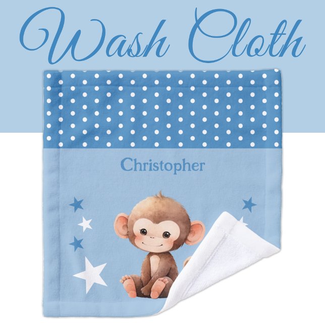 Niedlicher Affe tragen Namen polka dots stars blau Waschlappen (Von Creator hochgeladen)