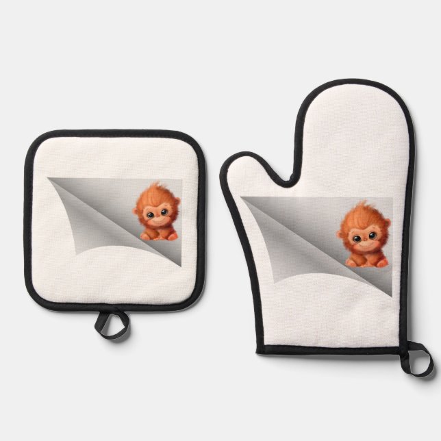 niedlicher Affe unter dem Pflaster Ofenhandschuh & Topflappen-Set (Vorderseite)