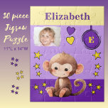 Niedlicher Affenname Foto Name lila Gelbe Kinder<br><div class="desc">30 Stück Puzzle für Kinder. Mit einem niedlichen Affen,  mit Sternen und Lieben. Fügen Sie einen Namen,  ein Initial und ein Foto hinzu. Farbschema: lila und gelbe Geschenkidee für Kinder.</div>