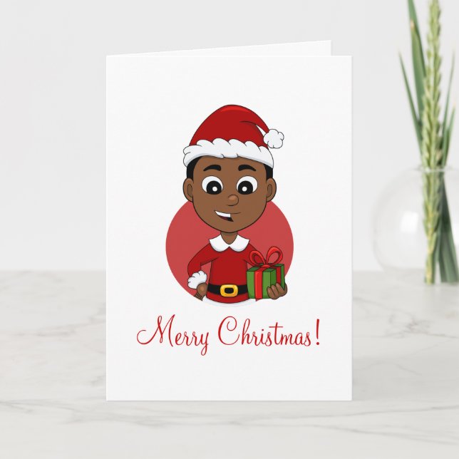 Niedlicher afrikanischer Weihnachtsjunge Cartoon Feiertagskarte (Vorderseite)