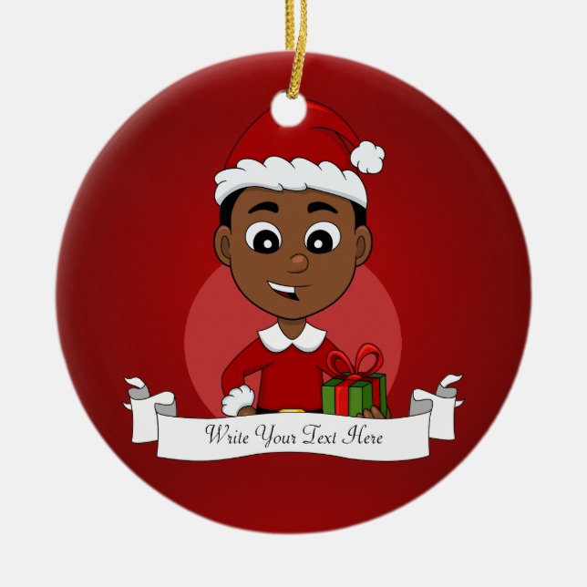 Niedlicher afrikanischer Weihnachtsjunge Cartoon Keramik Ornament (Vorne)