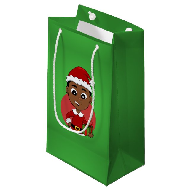 Niedlicher afrikanischer Weihnachtsjunge Cartoon Kleine Geschenktüte (Vorderseite Schrägansicht)